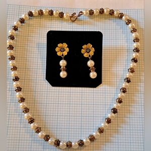 Cream Pearl & Intricate Gold Brass Bead Necklace w/ Gold Floral Drop Earring Set